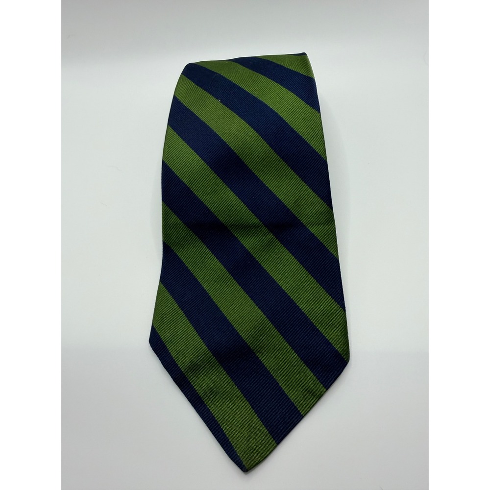 Brooks Brothers Makers Silk Tie Navy Green Repp Stripe Woven in England 3.75"